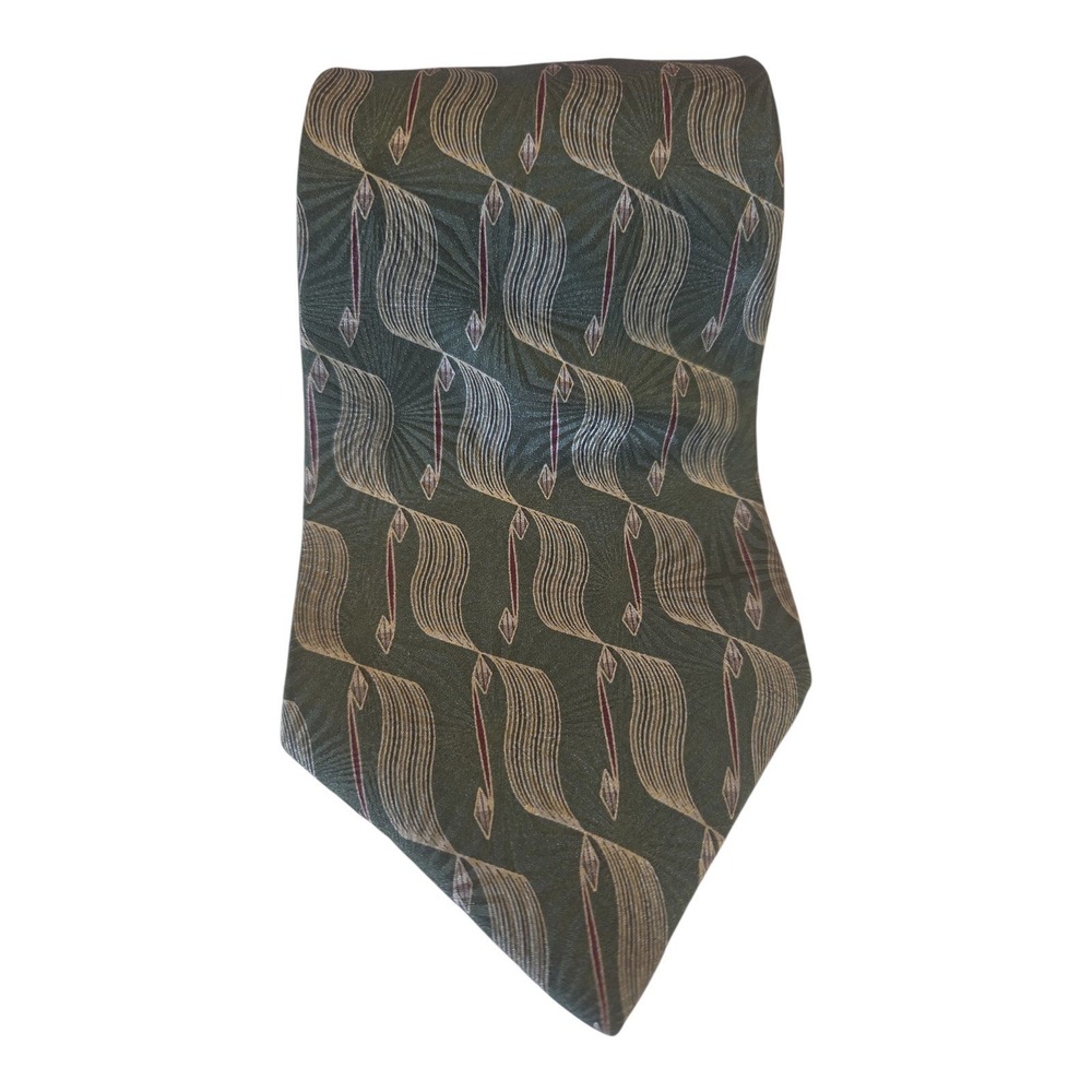 Bill Blass Black Label Mens Silk Tie Olive Green Abstract Geometric Pattern